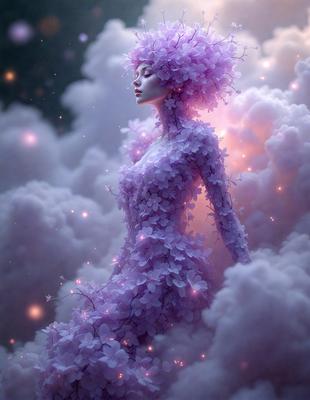 The primary subject of the image is a woman with a purple dress and a purple flower headpiece. She is standing in a cloudy environment, which serves as the setting for the scene. The visual style of the image is a combination of photo and digital art, creating a unique and artistic representation of the woman. The dominant colors in the image are purple and white, giving it a dreamy and ethereal atmosphere.